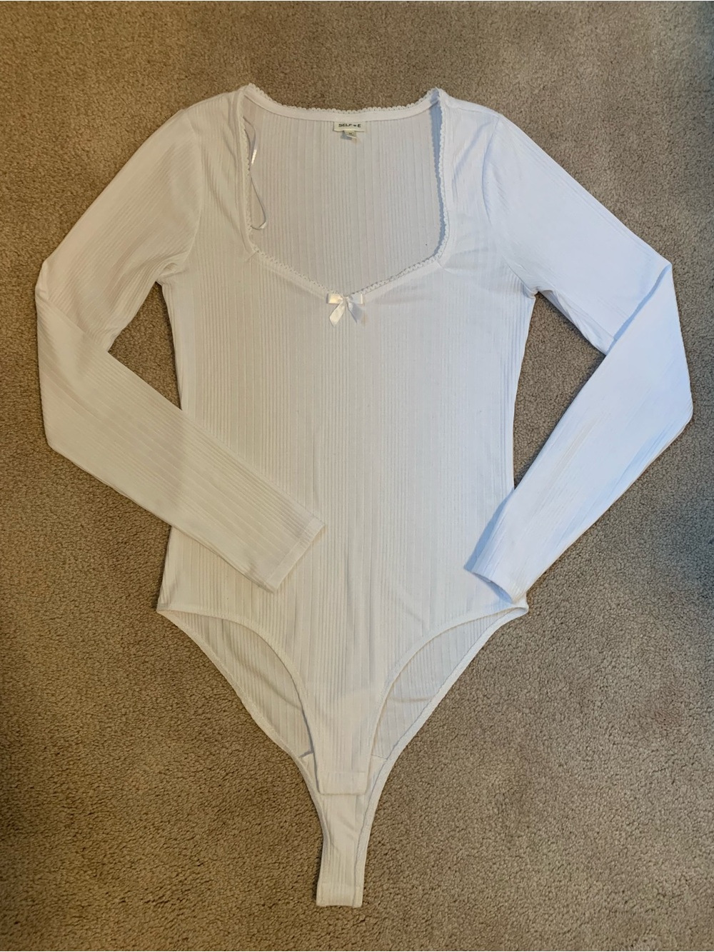 White Ribbed Long Sleeve Bodysuit with Lace Trim